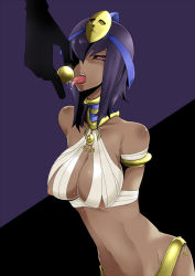 Rule 34 | 10s, 1girl, amputee, bandages, bare shoulders, black hair, blue eyes, breasts, cleavage, cofagrigus, colored sclera, creatures (company), dark-skinned female, dark skin, egypt, egyptian, game freak, gen 5 pokemon, headdress, indo curry, jewelry, large breasts, licking, long hair, mummy, navel, necklace, nintendo, nipples, no pants, personification, pokemon, pokemon bw, red eyes, red sclera, saliva, sharp teeth, solo, teeth, tongue, tongue out