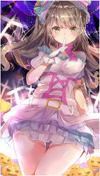 Rule 34 | 10s, 1girl, bare shoulders, belt, choker, dress, finger to mouth, frilled gloves, frills, gloves, halloween, index finger raised, jack-o&#039;-lantern, long hair, looking at viewer, love live!, love live! school idol festival, love live! school idol project, minami kotori, one side up, puffy sleeves, pumpkin, ribbon choker, side ponytail, solo, takitou, white dress, white gloves, yellow eyes