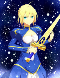 1girl ahoge artoria_pendragon_(all) artoria_pendragon_(fate) blonde_hair dress excalibur_(fate/stay_night) fate/stay_night fate_(series) female_focus green_eyes highres saber_(fate) sakaokasan solo sword weapon