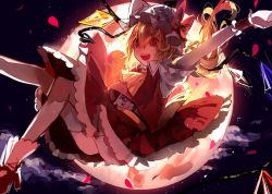 Rule 34 | 1girl, ascot, blonde hair, flandre scarlet, floating, frilled skirt, frills, full moon, hat, kumatangent, laevatein, moon, night, night sky, open mouth, outdoors, outstretched arm, petals, puffy short sleeves, puffy sleeves, red eyes, short sleeves, side ponytail, skirt, skirt set, sky, solo, thighhighs, touhou, vest, wings, zettai ryouiki