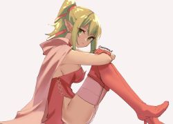 Rule 34 | 1girl, boots, breasts, cape, dragon girl, dress, fire emblem, fire emblem awakening, from behind, from side, garter straps, gloves, green eyes, green hair, knee up, large breasts, long hair, looking at viewer, looking to the side, nintendo, pink cape, pink thighhighs, pointy ears, ponytail, red dress, red footwear, red gloves, side slit, sideboob, sidelocks, sitting, skeptycally, solo, strapless, strapless dress, thigh boots, thighhighs, tiki (adult) (fire emblem), tiki (fire emblem), twitter username