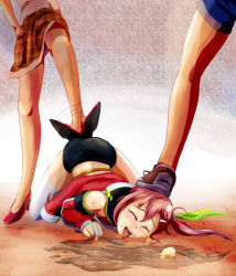Rule 34 | 3girls, ass, bullying, closed eyes, femdom, floor, licking floor, foot on head, grinding, hand on own hip, highres, licking, long hair, multiple girls, open mouth, pink hair, puddle, sara (tales), shoes, short shorts, shorts, skirt, tales of (series), tales of link, thighhighs, tongue, tongue out, top-down bottom-up, uwa~a, yuri
