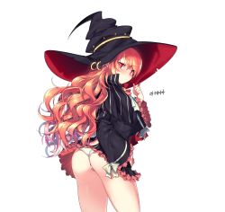 Rule 34 | 1girl, absurdres, ass, bell, black capelet, black dress, black hat, blush, bow, capelet, closed mouth, commentary request, dress, dungeon and fighter, hair between eyes, hand on headwear, hand up, hat, highres, jingle bell, korean text, long sleeves, looking at viewer, looking back, mage (dungeon and fighter), mendou kusai, panties, pleated dress, red eyes, red hair, simple background, sleeves past fingers, sleeves past wrists, solo, striped, translation request, underwear, vertical stripes, wavy hair, white background, white bow, white panties, wide sleeves, witch hat