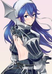 Rule 34 | 1girl, ameno (a meno0), back cutout, backless outfit, bad id, bad twitter id, blue eyes, blue hair, blush, cherche (fire emblem), cherche (fire emblem) (cosplay), closed mouth, clothing cutout, cosplay, fire emblem, fire emblem awakening, from behind, gauntlets, long hair, looking back, lucina (fire emblem), maid headdress, nintendo, simple background, smile, solo, upper body