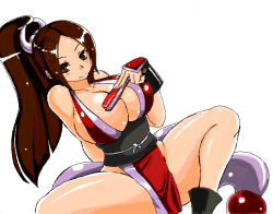 Rule 34 | 1girl, breasts, brown eyes, brown hair, cleavage, curvy, fingerless gloves, folded fan, folding fan, gloves, hair ribbon, hand fan, huge breasts, japanese clothes, nu (chrono trigger), numadaira, pelvic curtain, ponytail, revealing clothes, ribbon, shiranui mai, simple background, snk, solo, the king of fighters