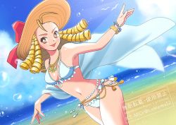 Rule 34 | 1girl, antenna hair, bare arms, bare shoulders, beach, belly chain, bikini, blonde hair, bracelet, breasts, brown eyes, cloud, cowboy shot, day, drill hair, dutch angle, front-tie bikini top, front-tie top, hat, hat ribbon, highres, horizon, jewelry, kanzuki karin, leaning forward, looking at viewer, medium breasts, medium hair, motozaki mio, navel, necklace, ocean, official alternate costume, open mouth, outdoors, red ribbon, ribbon, ringlets, sand, shore, side-tie bikini bottom, smile, solo, standing, stomach, street fighter, street fighter v, sun hat, sunlight, swimsuit, water, waves, white bikini