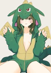 Rule 34 | 1girl, blush, breasts, claw pose, corrupted twitter file, dinosaur costume, gao, green eyes, green hair, highres, idolmaster, idolmaster shiny colors, looking at viewer, nanakusa nichika, official alternate costume, parted lips, partially unzipped, sitting, small breasts, solo, sweat, syhan, wariza, white background