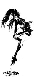 Rule 34 | 1girl, black footwear, black hair, boots, d.gray-man, full body, greyscale, high heel boots, high heels, highres, insignia, knee boots, knee pads, lenalee lee, long sleeves, massuru, monochrome, ripples, scrunchie, sleeves past wrists, solo, thigh strap, twintails, white background