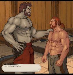 Rule 34 | 2boys, abs, arm hair, warrior of light (ff14), bara, beard, bed, bedroom, body hair, bulge, chest hair, colored skin, comforting, earrings, eye contact, facial hair, feet out of frame, final fantasy, final fantasy xiv, green skin, growlygruntz, hairy, hands on another&#039;s shoulder, height difference, high ponytail, highres, interspecies, jewelry, large pectorals, looking at another, male focus, mature male, multiple boys, muscular, muscular male, mustache, navel hair, nipples, pectorals, red shorts, roegadyn, short hair, shorts, stomach, subtitled, topless male, yaoi