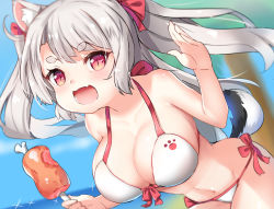 Rule 34 | :d, absurdres, animal ears, azur lane, beach, bikini, blurry, boned meat, breasts, depth of field, dog ears, dog girl, dog tail, dutch angle, fang, food, front-tie top, highres, large breasts, long hair, meat, open mouth, red eyes, short eyebrows, shou jian yu, side-tie bikini bottom, silver hair, skin fang, slit pupils, smile, solo, swimsuit, tail, twintails, very long hair, yuudachi (azur lane)