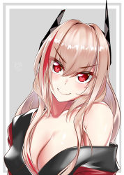 Rule 34 | 1girl, absurdres, airbo, black jacket, blonde hair, blush, breasts, cleavage, closed mouth, collarbone, girls&#039; frontline, headphones, highres, jacket, long hair, looking at viewer, m4 sopmod ii (girls&#039; frontline), medium breasts, multicolored hair, off shoulder, open clothes, open jacket, red eyes, simple background, smile, solo, upper body