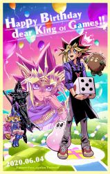 Rule 34 | 1girl, 3boys, apron, artist name, atem, balloon, black apron, blonde hair, blue footwear, boots, border, collared shirt, dark magician, dark magician girl, dated, dice, dyed bangs, grass, grey pants, happy birthday, hat, highres, holding, holding staff, kuriboh, looking up, marshmallon, mixed-language commentary, multicolored hair, multiple boys, muto yugi, open mouth, pants, purple eyes, purple shirt, riding, shirt, shoes, sleeves rolled up, smile, sneakers, soya (sys ygo), sparkle, staff, standing, teeth, tongue, wizard hat, yu-gi-oh!