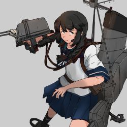 Rule 34 | 1girl, adapted turret, anchor, black hair, black legwear, blue skirt, braid, closed mouth, commentary request, grey background, grey eyes, hair ribbon, highres, kantai collection, kuragare, loafers, long hair, machinery, microphone, pleated skirt, red ribbon, ribbon, rigging, school uniform, serafuku, shoes, short sleeves, skirt, smokestack, torpedo launcher, tress ribbon, twin braids, uranami (kancolle)