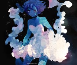 Rule 34 | 1girl, artist name, bare shoulders, blue eyes, blue hair, blue skin, breasts, cleavage, closed mouth, colored skin, commentary request, dress, highres, lapis lazuli (steven universe), long dress, looking at viewer, medium breasts, sleeveless, sleeveless dress, solo, steven universe, strapless, strapless dress, twice12314, twitter username, white dress