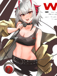 Rule 34 | 1girl, :p, ahoge, ambience synesthesia, antennae, arknights, bare shoulders, belt, black belt, black skirt, breasts, brown eyes, character name, cleavage, collarbone, commentary, highres, holding, horns, jacket, long sleeves, looking at viewer, medium breasts, midriff, navel, niuwajun, off shoulder, official alternate costume, open clothes, open jacket, short hair, silver hair, simple background, skirt, smile, solo, sports bra, stomach, tongue, tongue out, w (arknights), w (cannot wait for) (arknights), white background, yellow jacket
