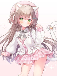 Rule 34 | 1girl, animal ear fluff, animal ears, bell, beret, blush, bow, brown hair, cat ears, cat girl, cat tail, center frills, commentary request, feet out of frame, frills, gradient background, grey bow, hair between eyes, hair bow, hand up, hat, highres, jacket, jingle bell, long hair, long sleeves, looking at viewer, omochi monaka, original, paw pose, pink background, pink hat, pink skirt, plaid, plaid skirt, pleated skirt, puffy long sleeves, puffy sleeves, red eyes, shirt, signature, skirt, solo, tail, tail bell, tail bow, tail ornament, tail raised, twitter username, two side up, very long hair, watermark, white background, white bow, white jacket, white shirt