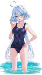 Rule 34 | 1girl, :d, ahoge, armpits, bare arms, bare shoulders, blue eyes, blue hair, blue one-piece swimsuit, blush, breasts, collarbone, commentary request, covered navel, cowlick, drop-shaped pupils, furina (genshin impact), genshin impact, gluteal fold, hair between eyes, heterochromia, highres, holding, holding clothes, light blue hair, long hair, looking at viewer, matrix16, medium breasts, multicolored hair, old school swimsuit, one-piece swimsuit, open mouth, ponytail, school swimsuit, school swimsuit flap, simple background, smile, solo, standing, swimsuit, symbol-shaped pupils, wet, wet clothes, wet swimsuit, white background, white hair