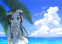 Rule 34 | 1girl, :d, animal, bird, black eyes, blue sky, brown hair, cat, cloud, day, dress, flower, head wreath, holding, holding animal, holding cat, horizon, long hair, looking at viewer, low twintails, morifumi, ocean, open mouth, original, outdoors, palm tree, seagull, sky, smile, solo, tree, tree shade, twintails, under tree, water, white dress