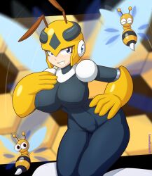Rule 34 | 1girl, android, bodysuit, breasts, hand on own hip, helmet, highres, honey woman, large breasts, luckerabbit9, mega man (classic), mega man (series), robot, thighs