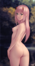 Rule 34 | 1girl, artist name, ass, blunt bangs, blurry, blurry background, breasts, closed mouth, completely nude, cowboy shot, darling in the franxx, green eyes, highres, horns, long hair, looking at viewer, looking back, nipples, nude, personal ami, pink hair, red horns, small breasts, solo, zero two (darling in the franxx)