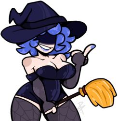 Rule 34 | 1girl, between thighs, blue hair, blue lips, blue nails, breasts, broom, cleavage, cordelia (dead estate), dead estate, dress, fingerless gloves, gloves, hat, large breasts, lavabutts, nail polish, obscured face, spider web print, thick thighs, thighhighs, thighs, white background, witch, witch hat