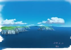 Rule 34 | blue sky, cloud, commentary request, dated, day, hirota (masasiv3), island, kurenai no buta, no humans, ocean, outdoors, scenery, signature, sky, studio ghibli