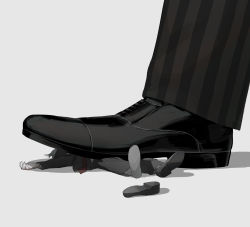 Rule 34 | 1boy, 1other, absurdres, avogado6, black footwear, crushing, giant, highres, lying, necktie, on back, original, outstretched arms, pants, red neckwear, shoes, simple background, single shoe, spread arms, stepped on, symbolism, white background