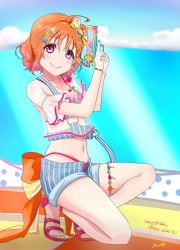 Rule 34 | 1girl, a chika-tastic summer (love live!), alternate hairstyle, antenna hair, aqua nails, artist name, artist request, bare legs, bare shoulders, barefoot, bikini, bikini under clothes, blue pants, blue shorts, blue sky, blush, bow, bracelet, braid, breasts, bridal garter, cleavage, clothes writing, cloud, collarbone, day, earrings, feet, female focus, floating hair, food-themed hair ornament, full body, hair bow, hair ornament, hairclip, halterneck, heart (symbol), high heels, highres, holding, holding water gun, jewelry, kneeling, looking at viewer, love live!, love live! school idol festival, love live! school idol festival all stars, love live! sunshine!!, medium breasts, medium hair, nail, nail polish, ocean, off-shoulder shirt, off shoulder, open fly, orange bow, orange hair, orange hair ornament, orange nails, outdoors, pants, parted bangs, parted lips, pearl bracelet, pink bikini, pink footwear, polka dot, polka dot bow, ponytail, red eyes, ribbon, sandals, see-through, see-through shirt, see-through sleeves, shirt, short hair, short sleeves, shorts, side braid, side ponytail, single braid, sky, small breasts, smile, solo, strap slip, striped bikini, striped bow, striped clothes, striped pants, striped shorts, striped tank top, suspenders, suspenders hanging, swimsuit, takami chika, tank top, thighlet, triangle hair ornament, two-tone bikini, vertical-striped clothes, vertical-striped shorts, water gun, wrist bow, yellow bow, yellow ribbon