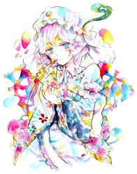 Rule 34 | 1girl, colorful, dress, female focus, flower, hat, legomaru, painting (medium), partially colored, plant, saigyouji yuyuko, solo, touhou, traditional media, watercolor (medium), white background