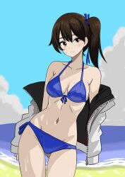 1girl absurdres bikini black_hair blue_bikini blue_sky bone_namu(namu49850) breasts brown_eyes cloud cowboy_shot day front-tie_bikini_top front-tie_top gluteal_fold highres jacket jacket_partially_removed kaga_(kancolle) kantai_collection medium_breasts outdoors side_ponytail sky solo standing swimsuit thigh_gap wet_bikini white_jacket