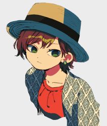 Rule 34 | 1girl, brown hair, closed mouth, dress, earrings, fedora, green eyes, grey background, hat, highres, jacket, jewelry, ka (marukogedago), looking at viewer, original, red dress, short hair, simple background, solo, unmoving pattern, upper body, white background