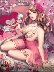 Rule 34 | 1girl, arm support, barefoot, bed, bracelet, breasts, brown eyes, brown hair, cherry, choker, cleavage, company name, curly hair, dress, feet, fingernails, flower, food, frilled pillow, frills, from above, fruit, furyou michi ~gang road~, hair flower, hair ornament, head tilt, heart, heart-shaped pillow, ice cream, ice cream cone, jewelry, large breasts, lips, long fingernails, long hair, long legs, love cacao, nail polish, necklace, official art, parted lips, pearl necklace, petals, pillow, pink dress, pink nails, reizei hiai, sitting, solo, spoon, sundae, tray, wafer stick, yokozuwari