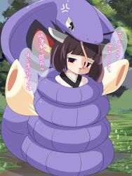Rule 34 | 1girl, arbok, blunt bangs, blush, brown hair, commentary request, constriction, creatures (company), forked tongue, full body, game freak, gen 1 pokemon, grass, headgear, highres, lets0020, looking at viewer, nintendo, open mouth, pokemon, pokemon (creature), red eyes, short bangs, short hair, smile, snake, tongue, touhoku kiritan, translation request, tree, voiceroid