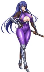Rule 34 | 1girl, :&gt;, absurdly long hair, akiyama rinko, artist request, blue hair, bodysuit, breasts, cleavage cutout, clothing cutout, collaboration, curvy, full body, hand on own hip, holding, holding weapon, katana, large breasts, lilith-soft, lips, long hair, official art, ponytail, purple eyes, sennen sensou aigis, shiny clothes, shiny skin, smile, solo, source request, standing, sword, taimanin (series), taimanin suit, taimanin yukikaze, transparent background, very long hair, weapon, wide hips