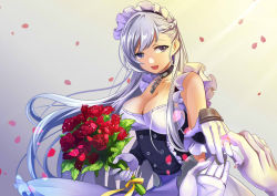 Rule 34 | 1girl, azur lane, belfast (azur lane), bouquet, braid, breasts, chain, cleavage, collar, corset, flower, french braid, gloves, jewelry, large breasts, long hair, maid headdress, muu rin, petals, pov, pov hands, purple eyes, red flower, red rose, ring, rose, silver hair, solo focus, translation request, very long hair, wedding band, white gloves