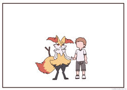 Rule 34 | 1boy, 1girl, absurdres, animal ear fluff, animal ears, animal nose, black fur, body fur, braixen, creatures (company), faceless, faceless male, fox ears, fox girl, fox tail, furry, furry female, game freak, gen 6 pokemon, highres, holding hands, looking at viewer, nintendo, pokemon, pokemon (creature), red eyes, simonbutt6, simple background, smile, snout, standing, stick, tail, white background, white fur, yellow fur