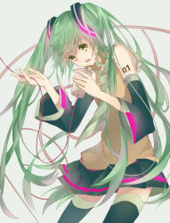 Rule 34 | 1girl, absurdres, detached sleeves, green eyes, green hair, hatsune miku, highres, long hair, matching hair/eyes, nail polish, necktie, open mouth, phone, skirt, solo, string phone, thighhighs, twintails, very long hair, vocaloid