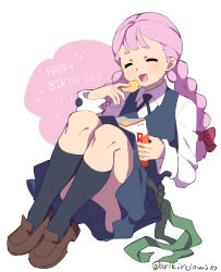 Rule 34 | 1girl, :d, arikindows10, artist name, blue skirt, braid, chips (food), closed eyes, collared shirt, eating, food, hair ribbon, happy birthday, highres, holding, holding food, jasminka antonenko, knees up, little witch academia, long hair, long sleeves, luna nova school uniform, open mouth, pleated skirt, potato chips, purple hair, ribbon, school uniform, shirt, simple background, sitting, skirt, smile, solo, twin braids, twintails, twitter username, vest, white background, white shirt, witch