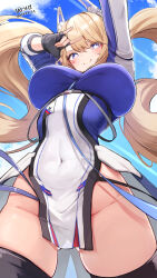 Rule 34 | \m/, absurdres, arms up, artist name, azur lane, between breasts, black thighhighs, blonde hair, blue eyes, breasts, covered navel, cow, dated, fingerless gloves, from above, gloves, guam (azur lane), headgear, heart, heart sticker, heart tattoo, highres, large breasts, long hair, looking at viewer, pelvic curtain, smile, star-shaped pupils, star (symbol), strap between breasts, symbol-shaped pupils, ta1sh1, tattoo, thighhighs, thighs, twintails