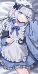 Rule 34 | 1girl, absurdres, animal ears, apron, bed sheet, black ribbon, blue bow, blue dress, blue eyes, blue jacket, blue sailor collar, bow, cat ears, commission, dress, frilled apron, frilled dress, frills, grey hair, hair ornament, hair ribbon, hairclip, hand up, highres, jacket, long hair, long sleeves, looking at viewer, low twintails, lying, maid, maid apron, maid headdress, on back, open clothes, original, ribbon, sailor collar, skeb commission, sleeves past wrists, solo, squallea, stuffed animal, stuffed cat, stuffed toy, twintails, white apron