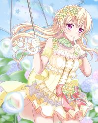 Rule 34 | 1girl, back bow, bang dream!, bare shoulders, blonde hair, blue sky, blush, bow, breasts, collar, commentary request, cowboy shot, crouching start, detached collar, dress, earrings, finger to mouth, flower, frilled collar, frilled dress, frills, gloves, hair between eyes, hair flower, hair ornament, half updo, highres, holding, holding umbrella, hydrangea, jewelry, long hair, looking at viewer, medium breasts, outdoors, purple eyes, rainbow, shirasagi chisato, sidelocks, sky, sleeveless, sleeveless dress, smile, solo, standing, transparent, transparent umbrella, umbrella, water drop, white gloves, yellow bow, yellow dress