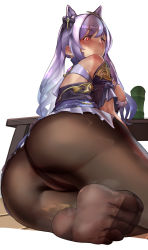 Rule 34 | 1girl, absurdres, ass, blush, cleft of venus, feet, genshin impact, highres, keqing (genshin impact), long hair, looking at viewer, no panties, pantyhose, purple hair, pussy, red eyes, soles, steam, toes, twintails
