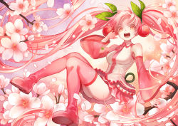 Rule 34 | 1girl, bad id, bad pixiv id, boots, cherry, cherry blossoms, detached sleeves, food, fruit, hatsune miku, long hair, masa ashe, necktie, open mouth, petals, pink eyes, pink footwear, pink hair, sakura miku, skirt, solo, thigh boots, thighhighs, twintails, very long hair, vocaloid