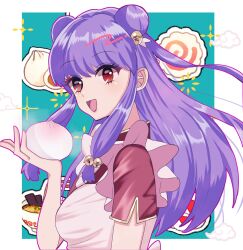 1girl absurdres apron baozi bell bowl breasts chinese_clothes commentary_request double_bun food from_side hair_bell hair_bun hair_ornament highres holding holding_food jingle_bell long_hair long_neck looking_at_viewer low-tied_long_hair maid_apron medium_breasts purple_hair ranma_1/2 red_eyes shampoo_(ranma_1/2) solo upper_body yumeniku