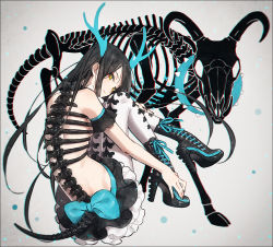 Rule 34 | 1girl, antlers, black footwear, black hair, black skirt, blue bow, boots, bow, closed mouth, collar, cross-laced footwear, grey background, hakusai (tiahszld), high heel boots, high heels, horns, lace-up boots, long hair, looking at viewer, looking back, nail polish, original, pantyhose, pleated skirt, revealing clothes, ribs, sitting, skeleton, skirt, solo, spiked collar, spikes, spine, very long hair, white pantyhose, yellow eyes