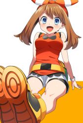 Rule 34 | 1girl, :d, bare arms, bike shorts, blue eyes, blush, bow hairband, bracelet, breasts, brown hair, commentary request, creatures (company), eyelashes, game freak, hair between eyes, hairband, highres, jewelry, knees, long hair, looking at viewer, may (pokemon), nintendo, open mouth, orange hairband, pokemon, pokemon oras, shirt, shoe soles, shoes, shorts, sitting, sleeveless, sleeveless shirt, smile, solo, tongue, white shorts, yellow footwear, yuihico