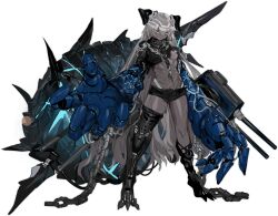 Rule 34 | 1girl, abs, arbiter strength viii (azur lane), armor, artist request, asymmetrical legwear, azur lane, between breasts, black footwear, black shirt, black shorts, boots, breasts, broken, broken chain, cannon, chain, claws, closed mouth, crop top, dark-skinned female, dark skin, full body, gorget, grey hair, highres, horns, knee boots, long hair, long sleeves, looking at viewer, machinery, mechanical arms, mechanical legs, medium breasts, micro shorts, midriff, navel, non-humanoid robot, official art, revealing clothes, rigging, robot, scar, scar on leg, scar on stomach, shirt, short shorts, shorts, simple background, single thighhigh, siren (azur lane), standing, stomach, thigh boots, thighhighs, thighs, turret, underboob, very long hair, weapon, yellow eyes