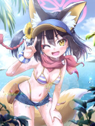 Rule 34 | 1girl, ;d, absurdres, animal ear fluff, animal ears, arm support, armpits, beach, bent over, bikini, black hair, blue archive, blue sky, blurry, breasts, cleavage, cloud, cloudy sky, commentary request, denim, denim shorts, depth of field, eyeshadow, fang, flower, fox ears, fox girl, fox shadow puppet, fox tail, hair between eyes, hair flower, hair ornament, halo, highres, izuna (blue archive), izuna (swimsuit) (blue archive), looking at viewer, makeup, medium breasts, medium hair, navel, ocean, one eye closed, one side up, open mouth, outdoors, red eyeshadow, red scarf, rope, scarf, scrunchie, shimenawa, short shorts, shorts, sidelocks, skin fang, sky, sleeveless, smile, solo, spaghetti strap, stomach, striped bikini, striped clothes, sunflower, sunflower hair ornament, swimsuit, tail, tomonx, visor cap, wet, wet clothes, wet swimsuit, wrist scrunchie, yellow eyes