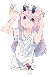 Rule 34 | 1girl, :o, arms up, black horns, broken horn, can, commentary request, drink can, gradient horns, horns, indie virtual youtuber, kaizuka (mintfield), kanehira ame, long hair, looking at viewer, multicolored horns, open mouth, pink eyes, pink hair, purple hair, shirt, short sleeves, simple background, soda can, solo, t-shirt, tied shirt, upper body, virtual youtuber, white background, white shirt