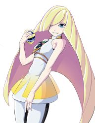 Rule 34 | 1girl, bare arms, bare shoulders, beast ball, between breasts, bike shorts, blonde hair, blue eyes, breasts, commentary request, creatures (company), dress, game freak, grin, hair over one eye, highres, leggings, long hair, looking at viewer, lusamine (pokemon), medium breasts, nintendo, o sho, poke ball, pokemon, pokemon sm, simple background, sleeveless, sleeveless dress, smile, solo, very long hair, white background, white dress, white leggings